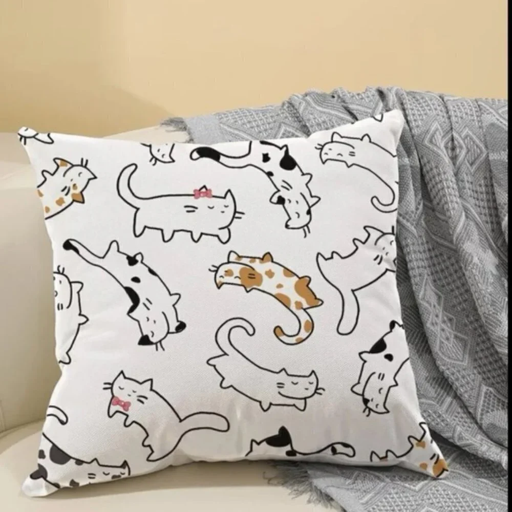 Pillow Cover Cat Print Zip Close Large Square White Tan Black Multicolor 17.7 in